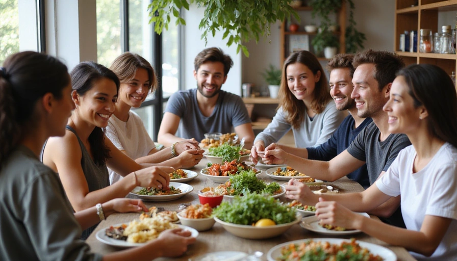 Diverse group of happy people enjoying a healthy meal together, symbolizing community and well-being.
