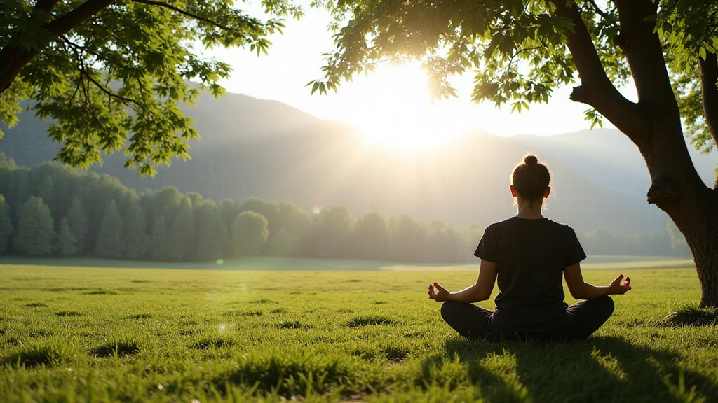 Serene natural landscape with a person meditating or doing yoga in a park, symbolizing healthy living and peace.