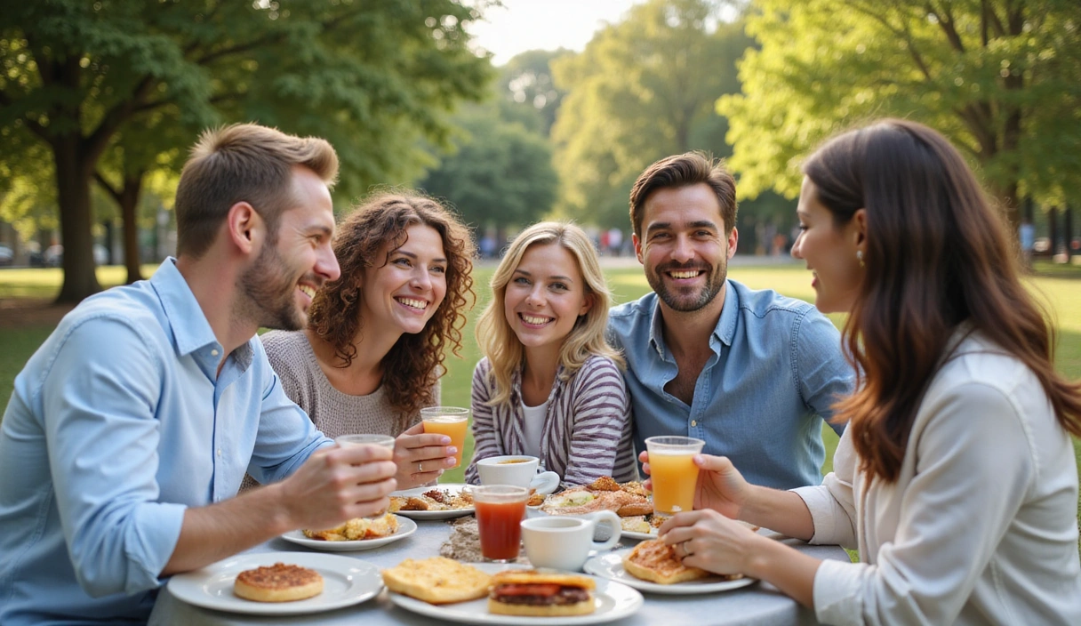 Image of diverse, happy people smiling and looking healthy, in a natural, bright setting.