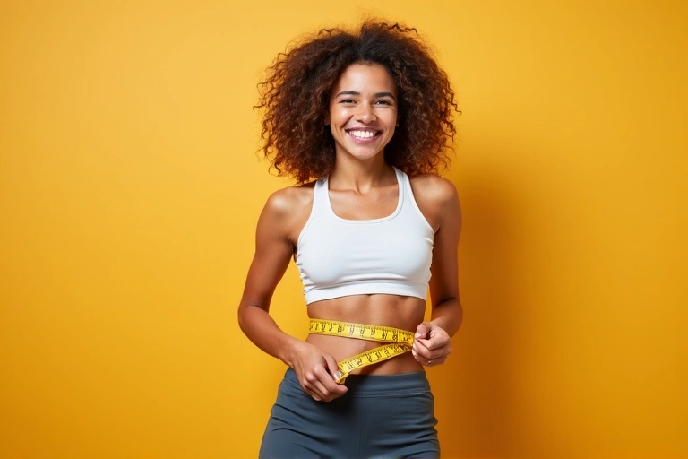 A person happily measuring their waist with a tape measure, smiling, in a bright, fitness-oriented setting, symbolizing successful weight management.